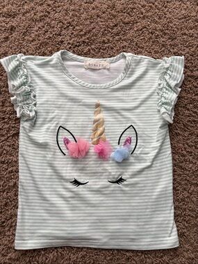 btween Mint & White Striped Unicorn Ruffle Sleeve Tee